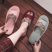 Genuine Leather Linen Slippers At-home Indoor Soft Women Summer Season Non-slip Deodorant Muted Bedroom Couple Summer Ins