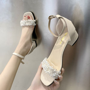 字带珍珠中粗跟百搭凉鞋女夏季新款简约露趾