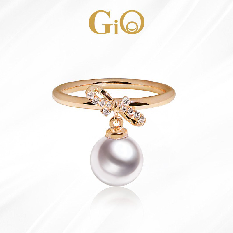 GiO Jewelry Japan Akoya Seawater Pearl Ring Full Circle 18K Rose Gold Bow Natural Diamond Inlay