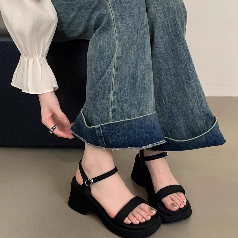 Platform Thick-Soled Height-Increasing Sandals for Women, Summer, Petite, Single Strap, Wedge Heel, High Heel, Black Slippers, Roman Shoes