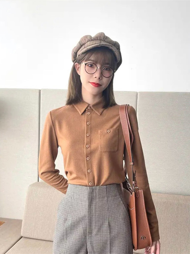 衬衫女2024年秋季新款韩版百搭时尚洋气POLO领长袖上衣打底衫衬衣