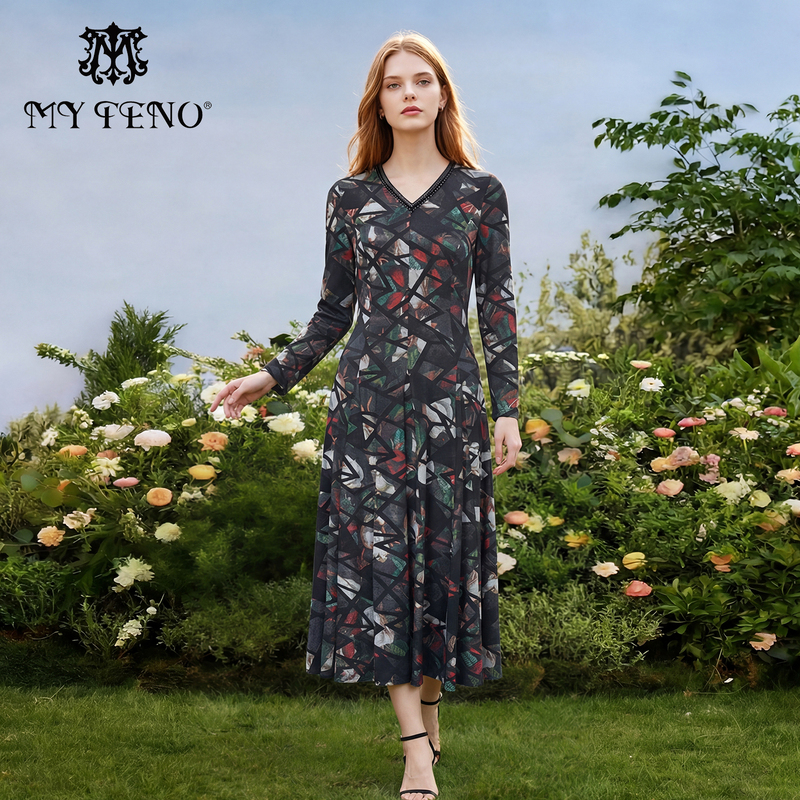 Maitinu Women's Spring/Summer New Black Printed V-Neck Lace Dress with Waist-Cinching Long Sleeves, Elegant and Fashionable for Women