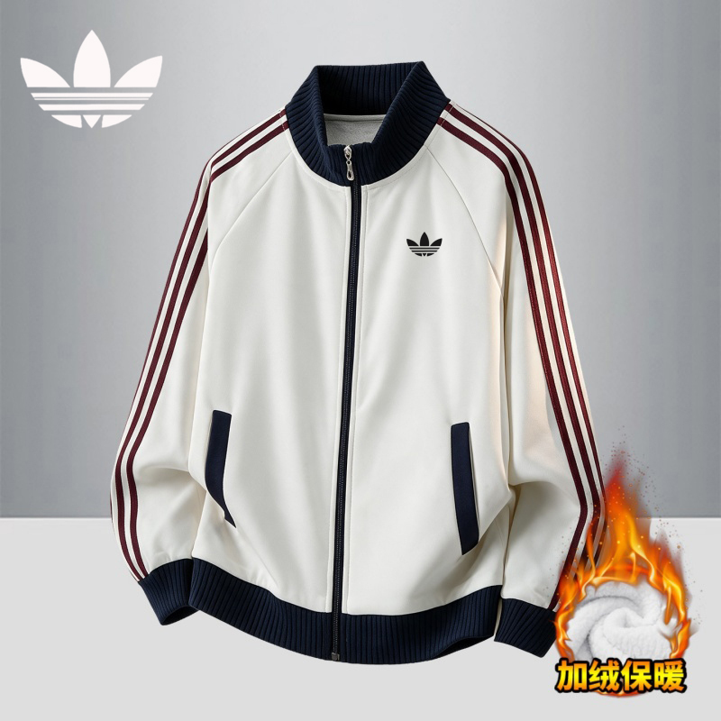 Original Genuine Product | Stand Collar Three-Stripe Fleece-Lined Jacket for Men and Women, Versatile Autumn and Winter Zip-Up Coat, Warm Cardigan Sweatshirt