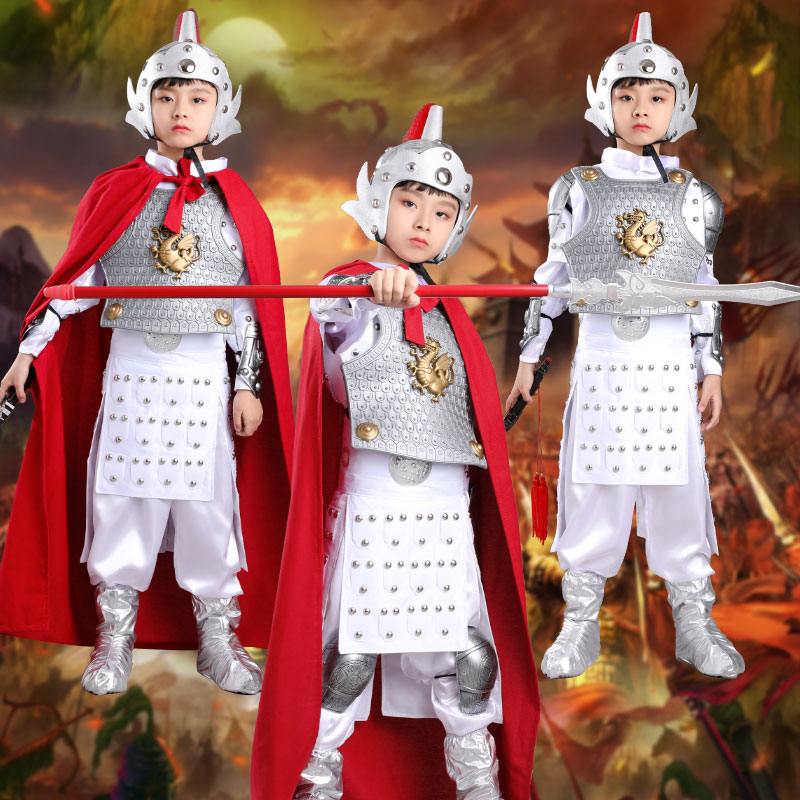 Children's armor ancient soldiers serve golden flowers wood Lana full of red Zhao Yun wardrobes white adult general acting out of suit
