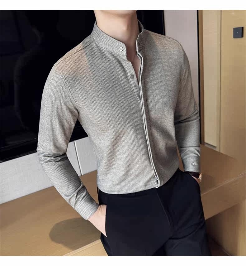 Джинсовая рубашка 中山领衬衫男长袖2025秋季新款立领新中式改良中山装毛呢内搭衬衣 Tvso