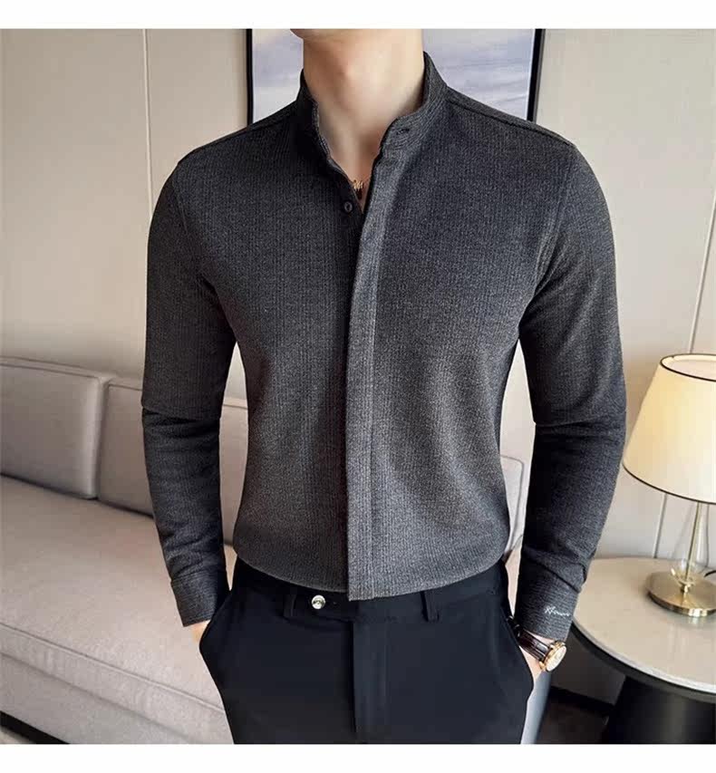 Джинсовая рубашка 中山领衬衫男长袖2025秋季新款立领新中式改良中山装毛呢内搭衬衣 Tvso