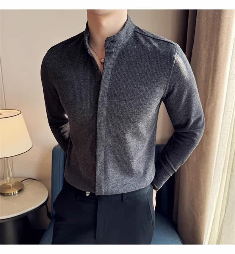 Джинсовая рубашка 中山领衬衫男长袖2025秋季新款立领新中式改良中山装毛呢内搭衬衣 Tvso
