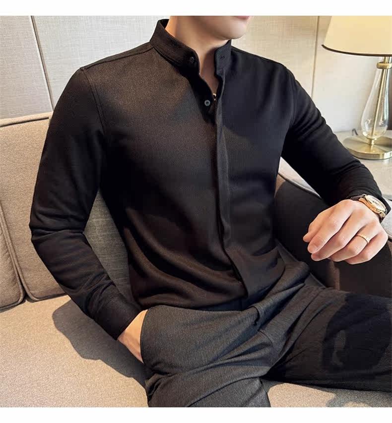 Джинсовая рубашка 中山领衬衫男长袖2025秋季新款立领新中式改良中山装毛呢内搭衬衣 Tvso