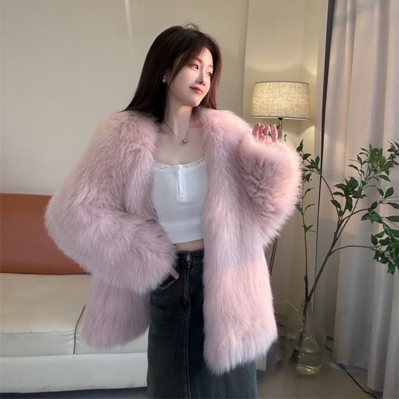V-Neck Pink Faux Fox Fur Coat for Women, Winter, Young Style, Mid-Length, Thickened, Warm, Eco-Friendly Fur Coat