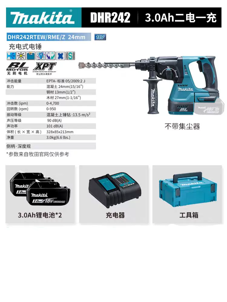 Makita DHR242 электрическая ударная дрель ударная дрель многофункциональная гидравлическая и электрическая сверление бетона электрическая лопата и кирка 18V литиевый аккумулятор
