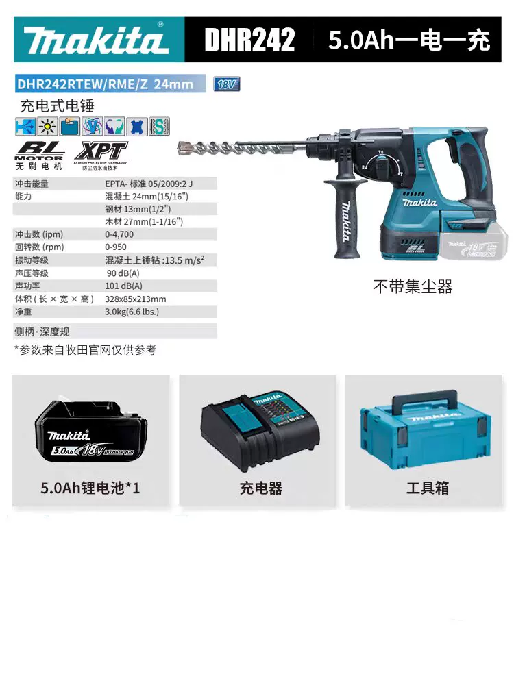 Makita DHR242 электрическая ударная дрель ударная дрель многофункциональная гидравлическая и электрическая сверление бетона электрическая лопата и кирка 18V литиевый аккумулятор
