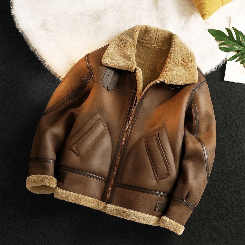 Men's Fur-Lined Leather Jacket for Autumn and Winter, Lapel Lamb Wool Cotton Coat, Men's Thickened Motorcycle Leather Jacket