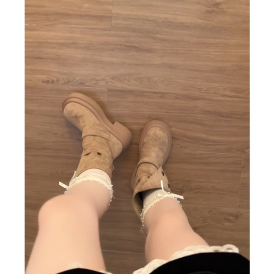 Khaki Short Boots for Women, Autumn Height-Increasing Thick-Soled Martin Boots, Chunky Heel Biker Boots, Stretch Slim Boots, Two-Way Denim Boots
