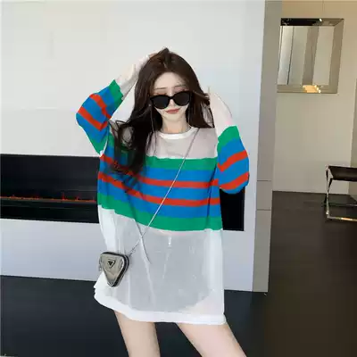 Thin long sleeve top female summer new chic design sense niche stripe T-shirt big size T-shirt loose sunscreen shirt