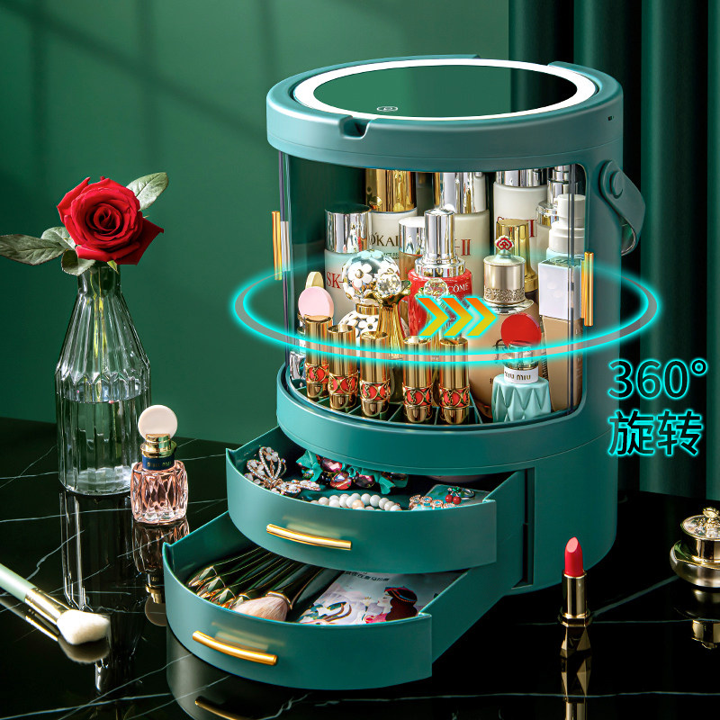 Net red cosmetic storage box with mirror dust-proof integrated desktop large-capacity dressing table skin care rotating rack