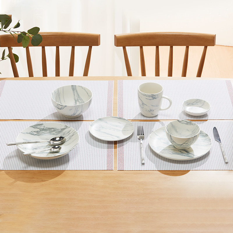 Nitori Home Kitchen Tableware Ceramic Round Plate Mug Deep Plate Rice Bowl Large Bowl Marble Pattern