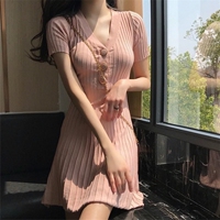 Knitted dress women's V-neck short-sleeved summer 2025 new style small fragrance temperament gentle waist slimming slim girl