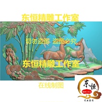 Scanned image of exquisite carving deep carving of landscape animals bamboo pine deer pine crane and ancient temple relief image. Bamboo Deer GH74K