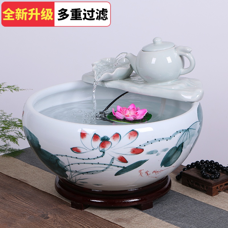 Jingdezhen ceramic fish tank running water home fountain humidification landscaping living room small goldfish tank hand-painted turtle fish basin