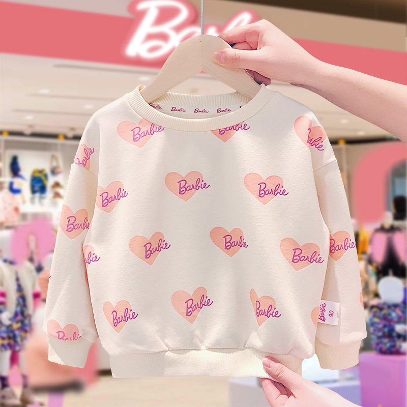 Barbie BARBIE girl full of printed cartoon blouse children 2022 new round neckline thick cotton T baby boy dress foreign