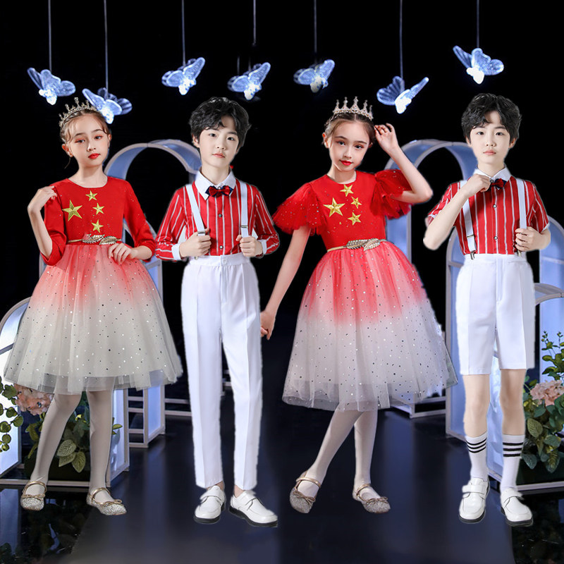 61 Children Chorus Red Song Great Chorus Male And Female Elementary And Middle School Students Chant Clothing Red Stars Glitter Out