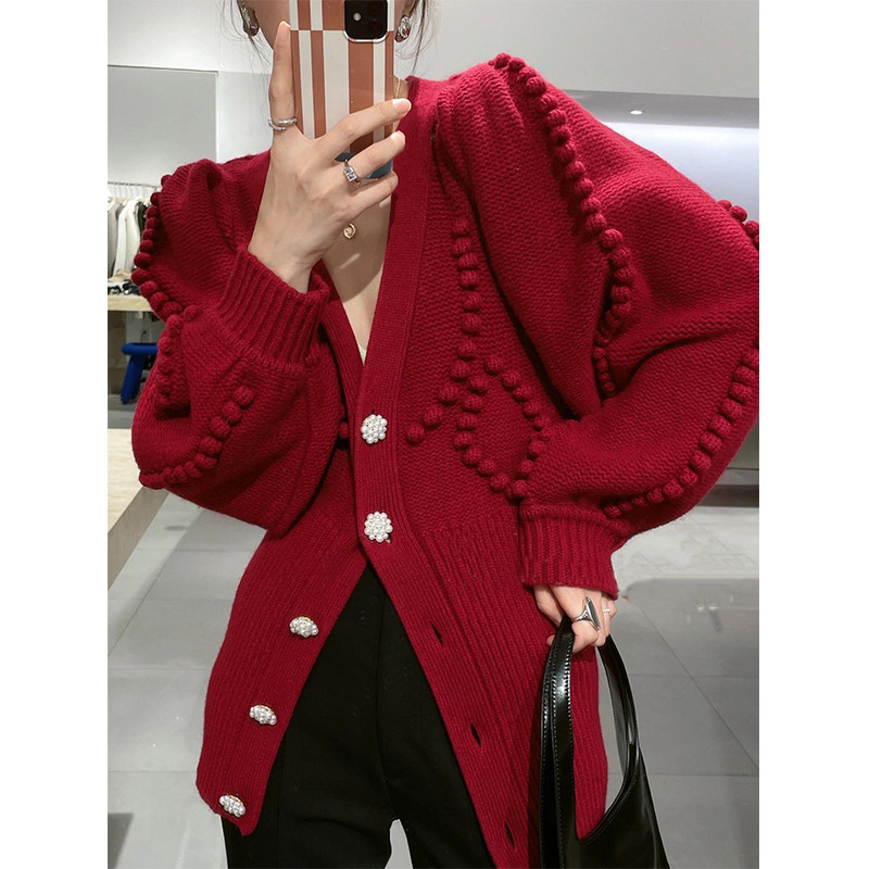 Pearl buckle handmade ball ball knit cardigan women's winter thickened age-old style red sweater jacket