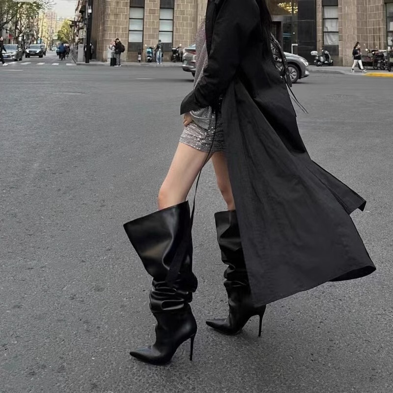 Women's Long Boots with Wide Shaft, Black High Heels, European and American Style, High Boots for Winter 2024, Pointed Toe, Stiletto Heel, Riding Boots, Slouchy Boots