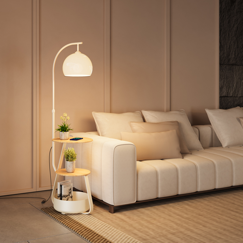 クリームスタイルのサイドテーブルフロアランプリビングルーム2025新しいレトロな収納ラックベッドサイドテーブル一体型ベッドルーム垂直テーブルランプ