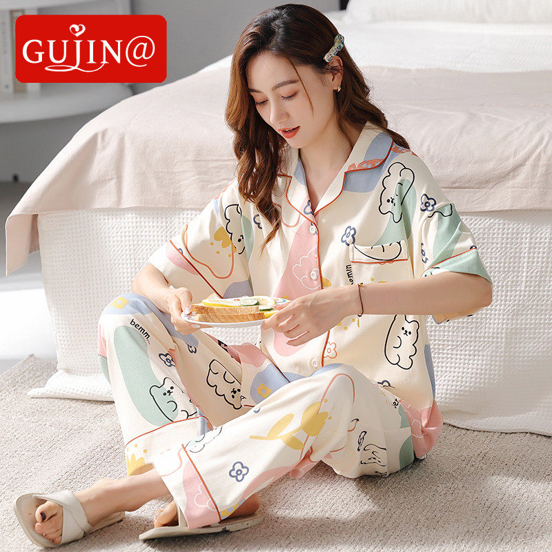Gujin@Pajamas Women's Summer Cotton Short-sleeved Trousers 2022 New Net Red Style Cotton Home Service Women's Suits