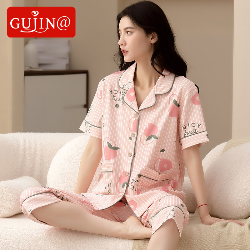 Gujin@Pajamas Women's Summer Thin Cotton Short-sleeved Cropped Pants 2022 New Cotton Home Service Women's Suits