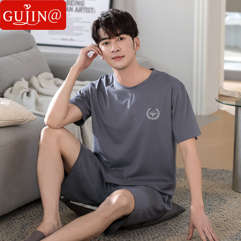 Gujin@summer pajamas men's short-sleeved shorts ice silk breathable thin section loose large size home clothes casual suit