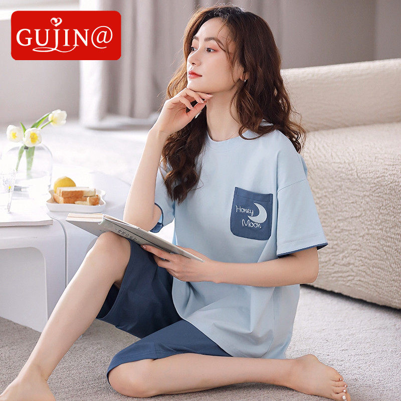 Gujin@Pajamas Women Summer Cotton Short-sleeved Cropped Pants Summer Thin Section Sweet Cotton Home Service Two-piece Suit