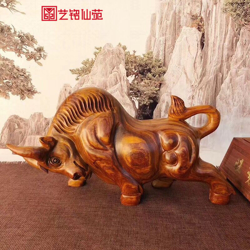 Grass flower pear flourishing god cow ornaments wood carving cow ornaments solid wood mahogany desktop lucky cow power craft gift ornaments