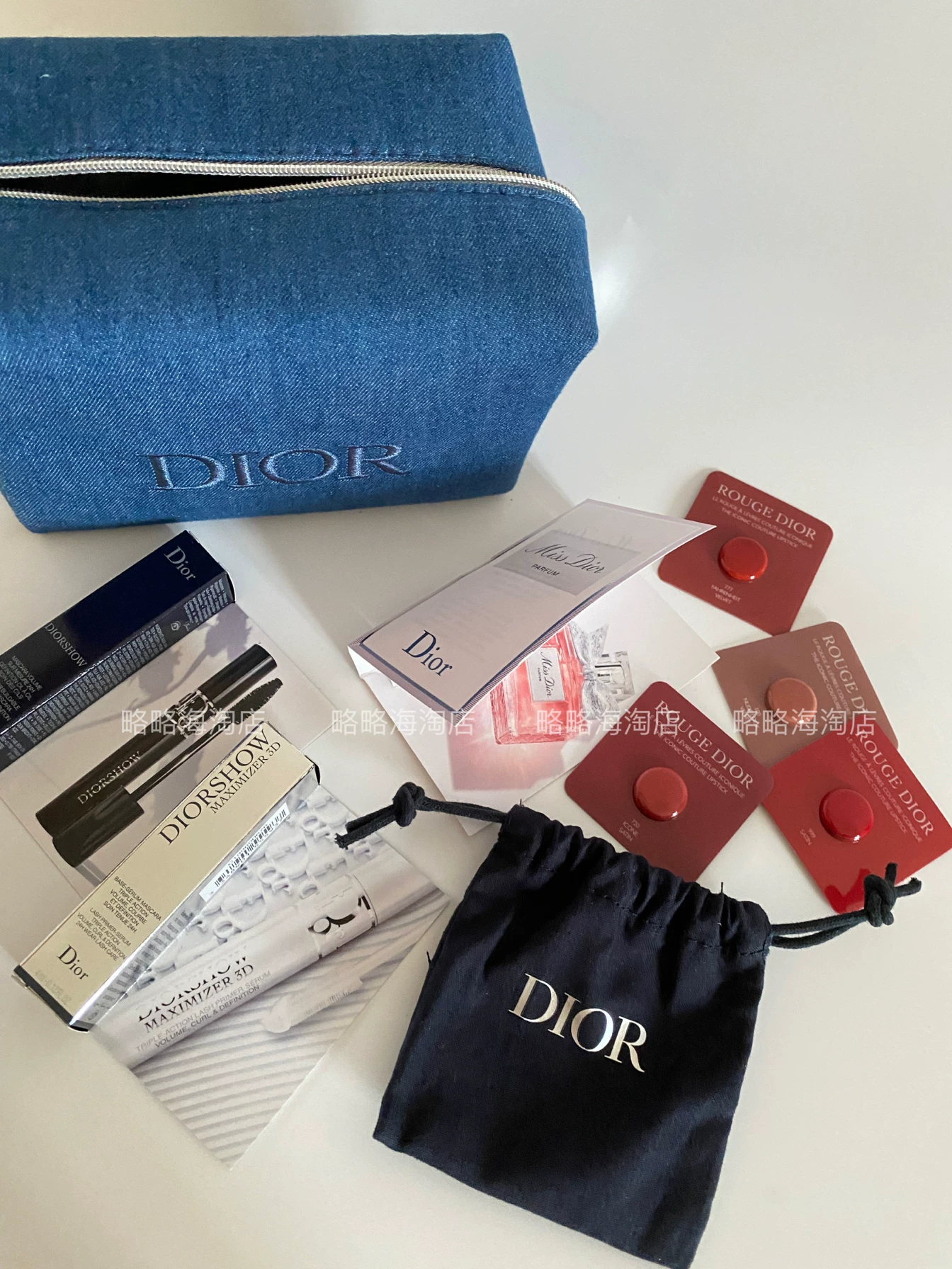 Dior, косметичка из денима, набор, помада, тушь, духи, средний пробник