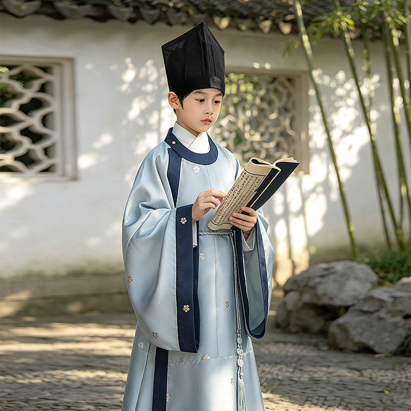 Children's Hanfu Song Dynasty-Style Robe, Restored Version, Round-Neck Robe, Su Dongpo Scholar-Style Traditional Chinese Performance Costume, Boys' Ancient Costume, Summer Style
