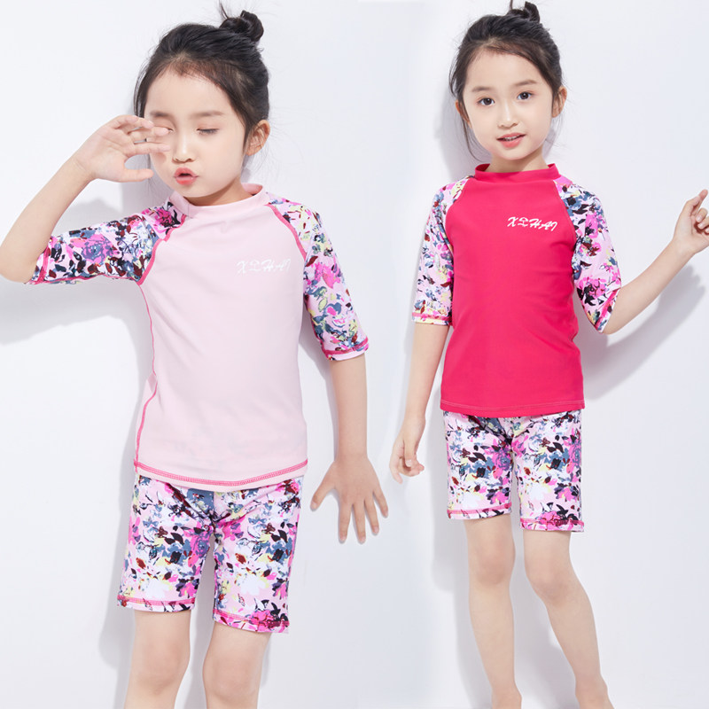Children's swimsuit women's split girls' swimsuit quick-drying girl middle-aged and older children's middle-sleeved western-style sunscreen 2021 new