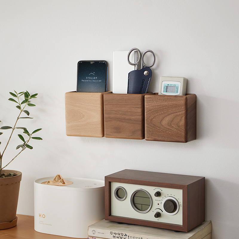 Wall-mounted TV air conditioner remote control free punching rack charger wall-mounted solid wood storage box