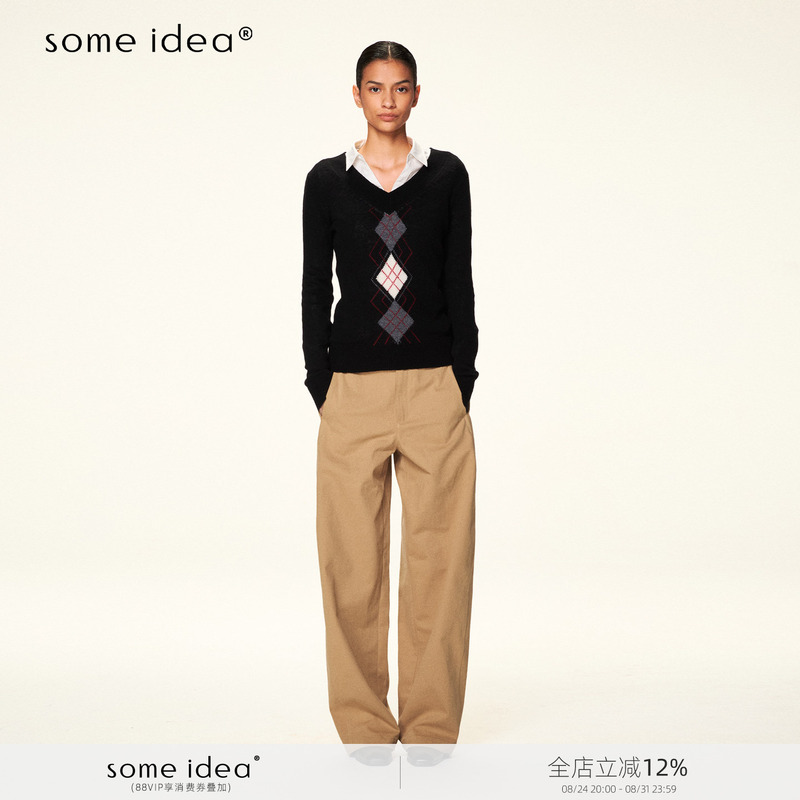 Some Idea 100% Sheep Wool Two-Tone Argyle Pattern V-Neck Basic Versatile Slimming Elegant Top Sweater