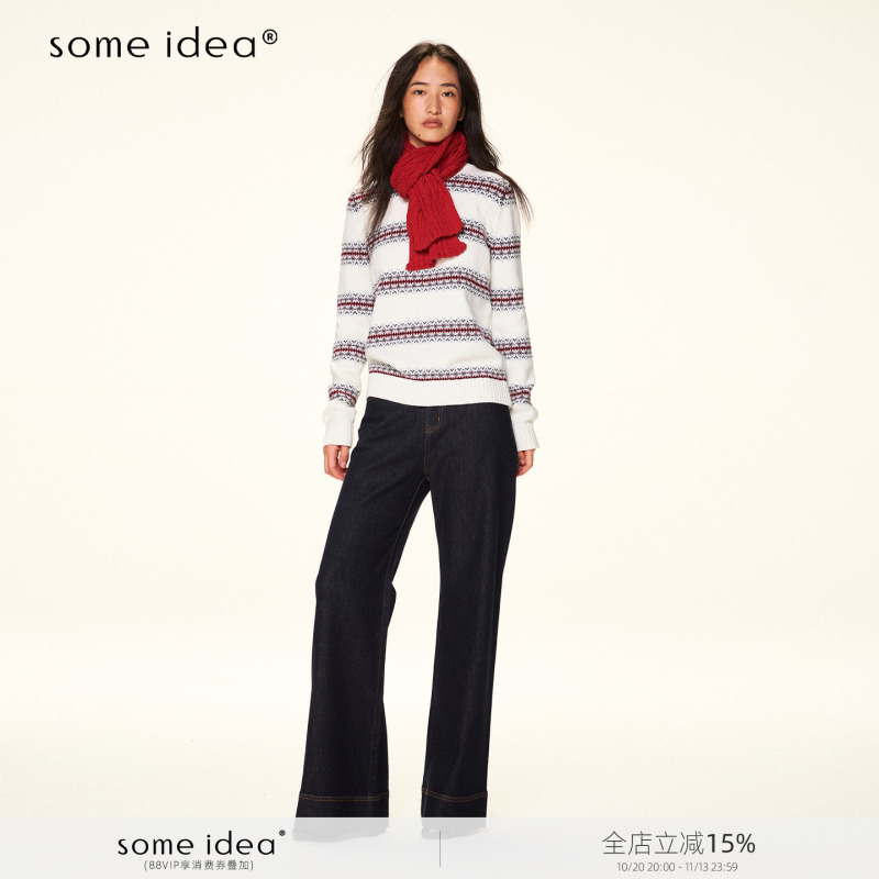 Some Idea: Snowflake Striped Crew Neck Basic Versatile Retro Casual Loose Slimming Sweater Some Idea: Snowflake Striped Crew Neck Basic Versatile Retro Casual Loose Slimming Sweater