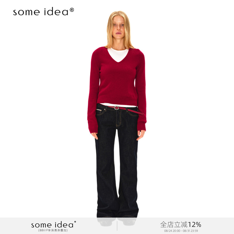Some Idea Red Selvedge Denim Straight-Leg Slim-Fit Casual Flared Slim-Fit Long Pants Women's Jeans