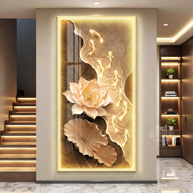 Nine Fishes Painting Entrance Decorative Painting with Lights, High-End Hallway Wall Art, Vintage Style Entrance Door Wall Painting Nine Fishes Painting Entrance Decorative Painting with Lights, High-End Hallway Wall Art, Vintage Style Entrance Door Wall Painting