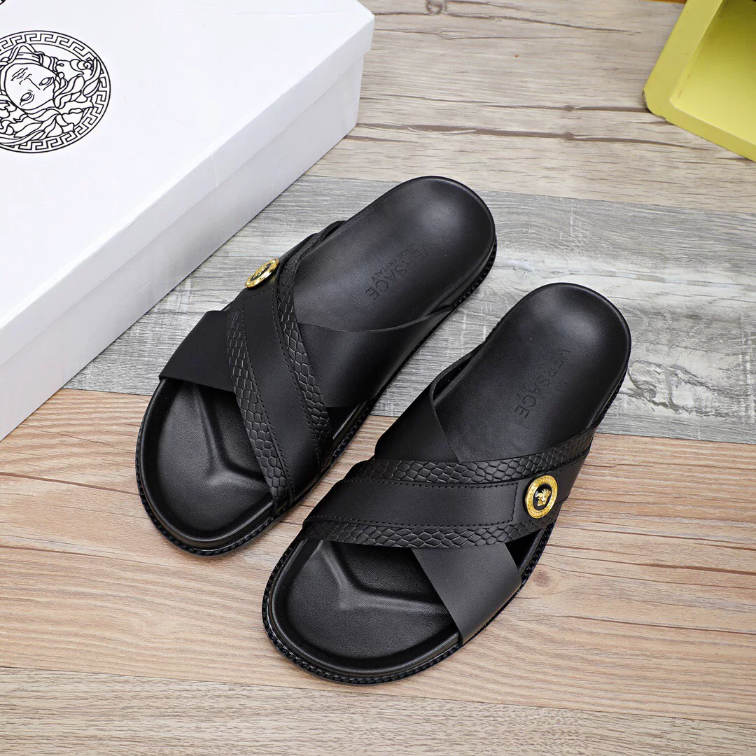 Versace, modern black summer sandals, simple and elegant design