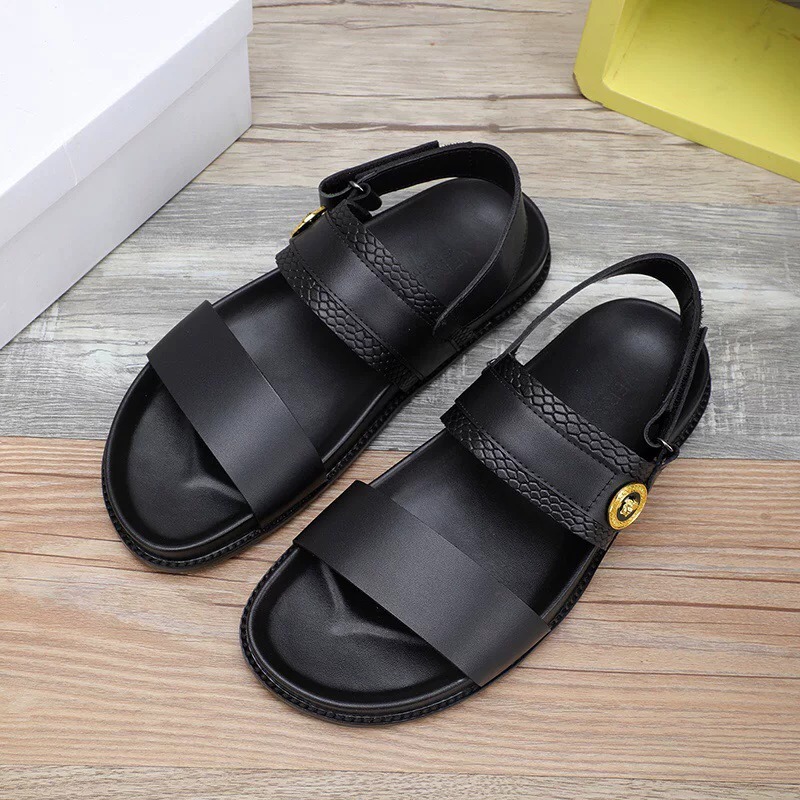 Versace, modern black summer sandals, simple and elegant design