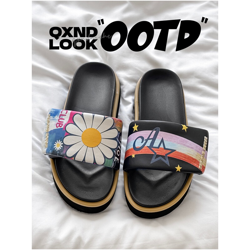 Qxnd Summer Daisy Rainbow Graffiti Velcro Slippers for Men and Women, Thick-Soled, 5cm Height Increase, Breathable Slide Slippers