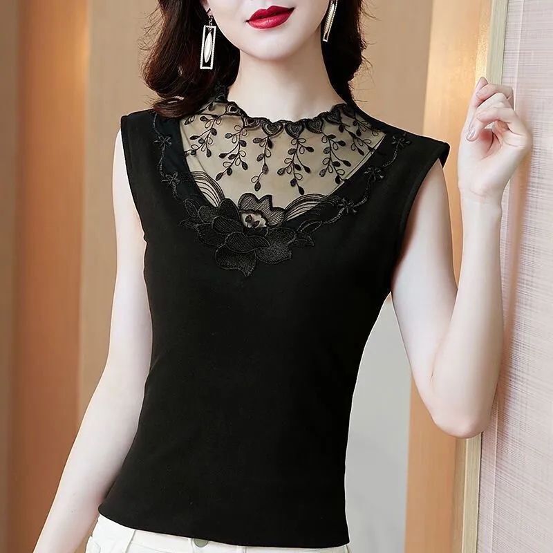 Summer Half-High Collar New Lace Trim Sleeveless Versatile Sexy Solid Color Mother's Vest with Pocket Scarf