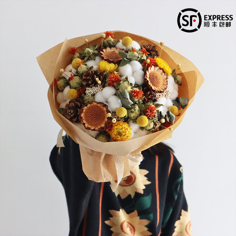 Imported dry flower bouquet handmade bouquet of flowers wood cotton pine fruit bridal wedding home Decorative Pendulum with Birthday Holiday Gift-Taobao