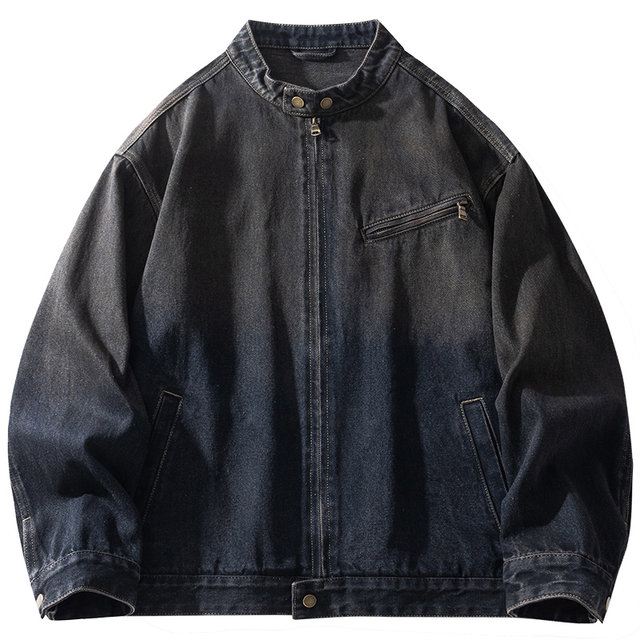 European and American High-End Heavy-Duty Distressed Washed Motorcycle Stand-Collar Denim Jacket for Men, Spring and Autumn American-Style Workwear Jacket for Men