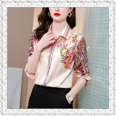 重磅真丝衬衫女复古定位印花上衣2021春装新款缎面桑蚕丝长袖衬衣