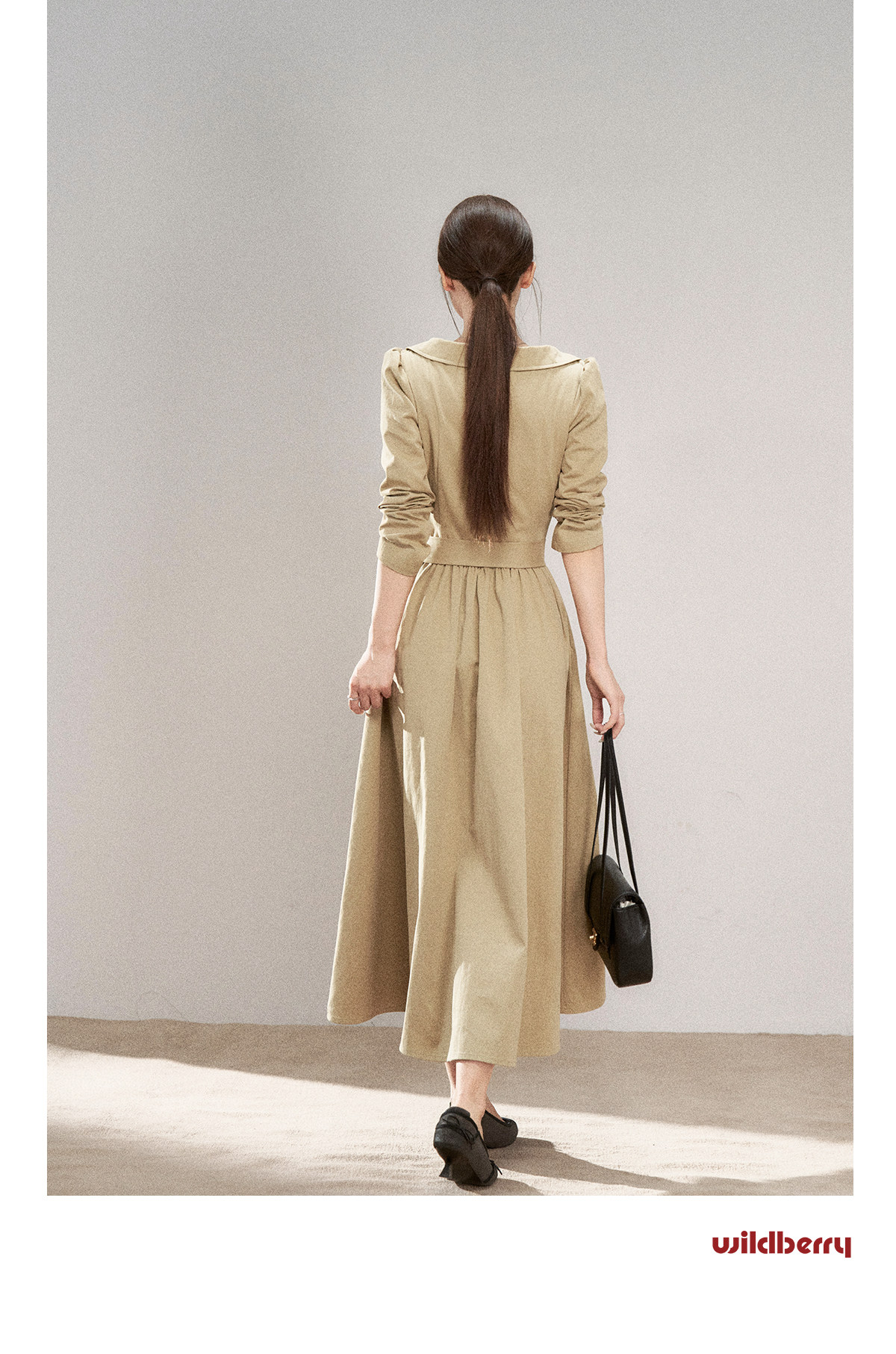 Wildberry Khaki Trench-Style Belted Midi Dress