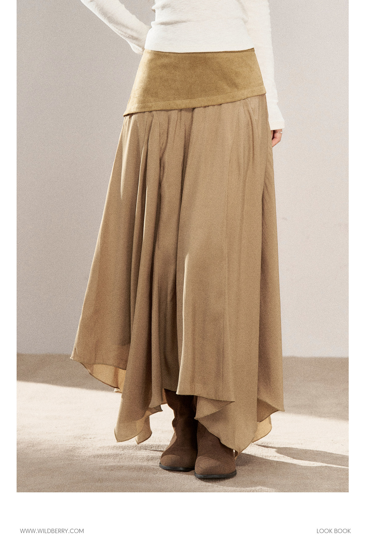 Wildberry Khaki Asymmetrical High-Waist Midi Skirt